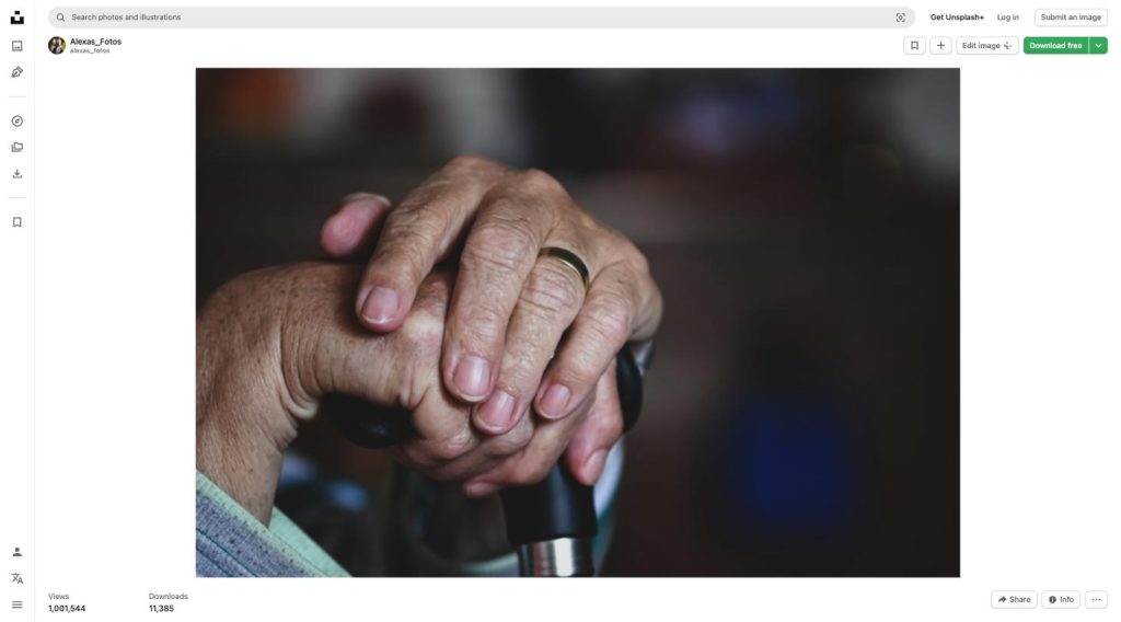 Elderly hand resting on a cane