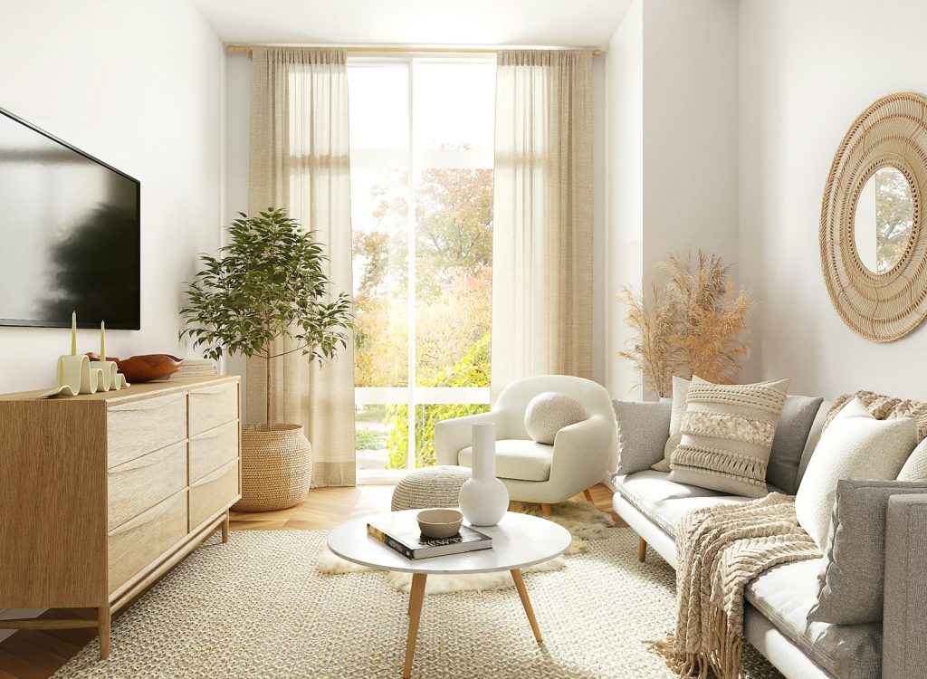 Vision and perception changes in dementia: an older woman in a softly lit living room with solid-colored furnishings